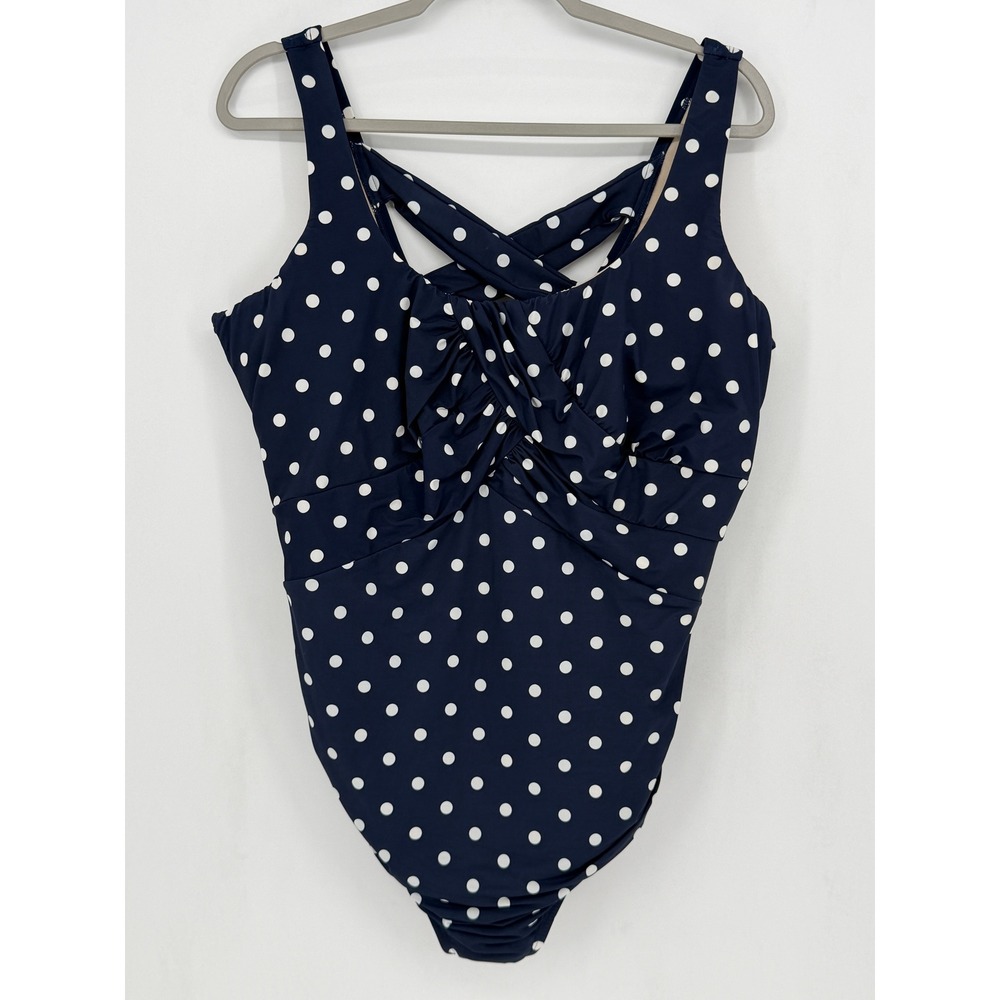 Lands' End Swimsuit Womens 22W Navy Polka Dot One Piece Swimwear Beach Retro